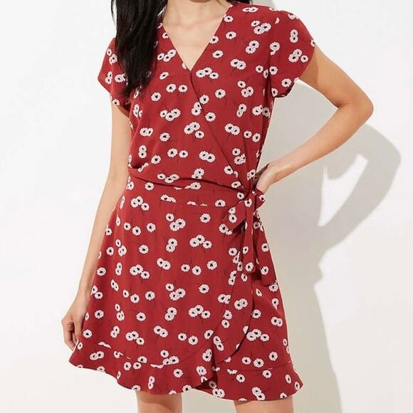 LOFT Red Floral Wrap Skort Romper Dress Sz 6 Short Sleeve V-Neck Ruffle Hem GUC - Picture 4 of 12